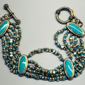Vintage Sterling Silver Polished Turquoise Cabochon and Silver Beaded Br…